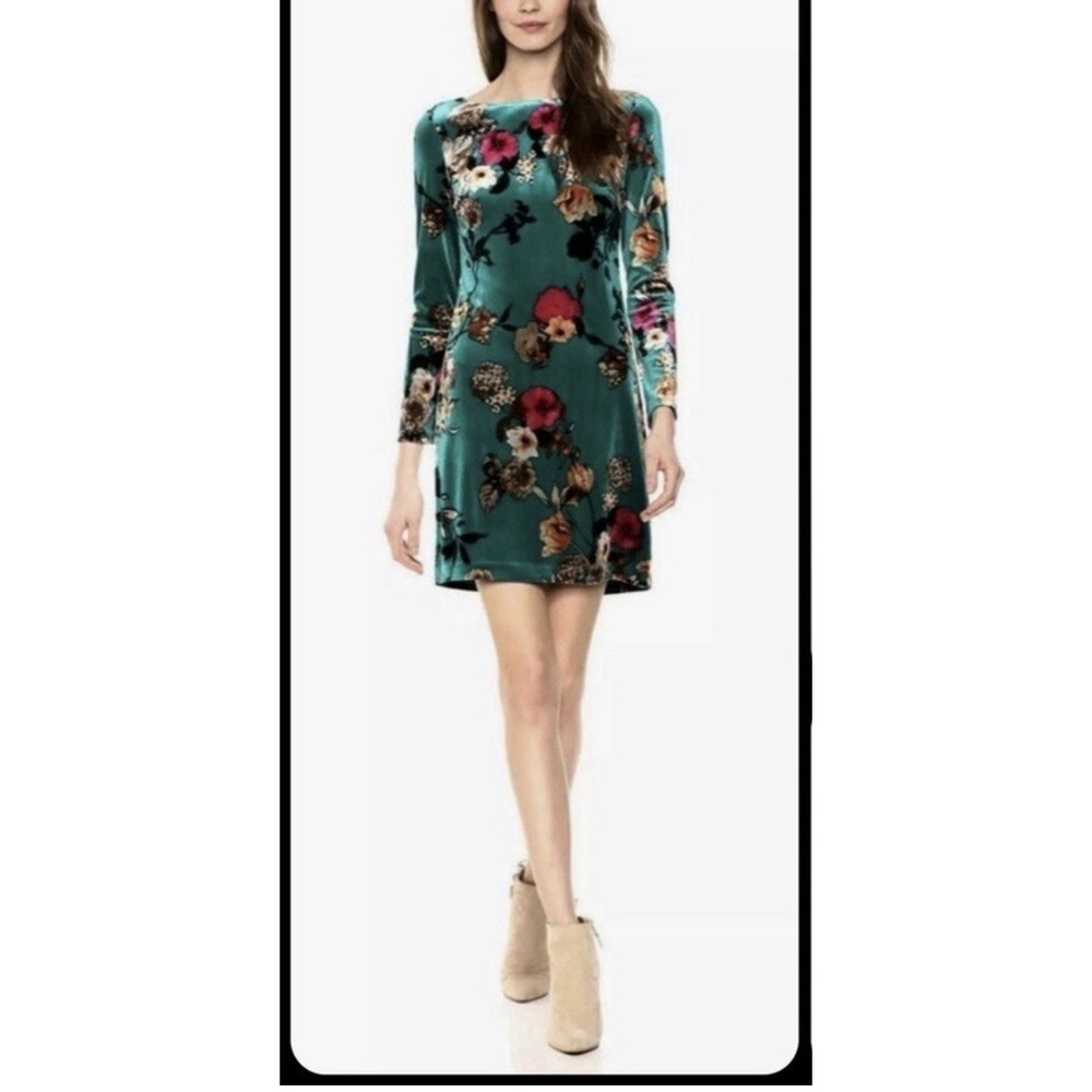 Vince Camuto Teal Green Velvet Floral Long Sleeve Dress Size 14